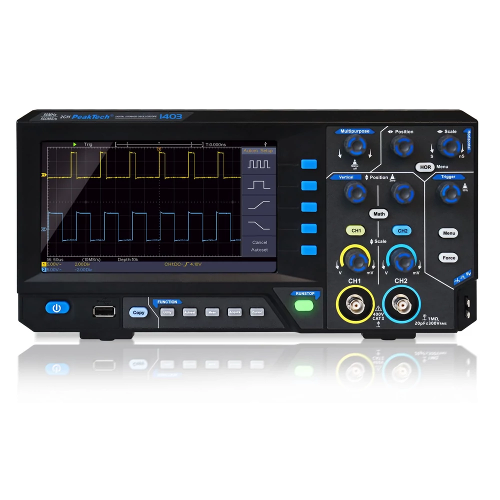 Peaktech 1403 - Tárolós Oszcilloszkóp 50MHz/2CH, 500MS/s