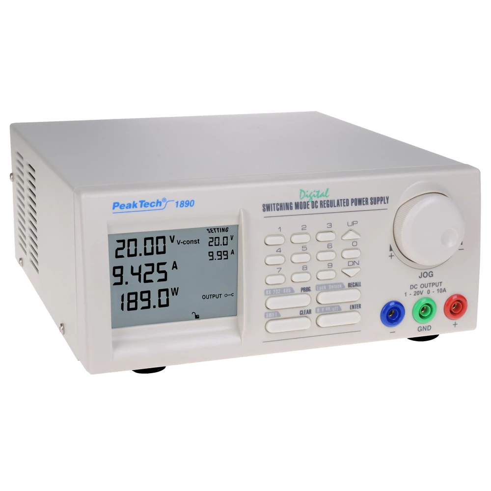 Peaktech 1890 - Kapcsolóüzemű DC tápegység, 1 - 20 V / 0 - 10 A DC, RS-232C, RS-485