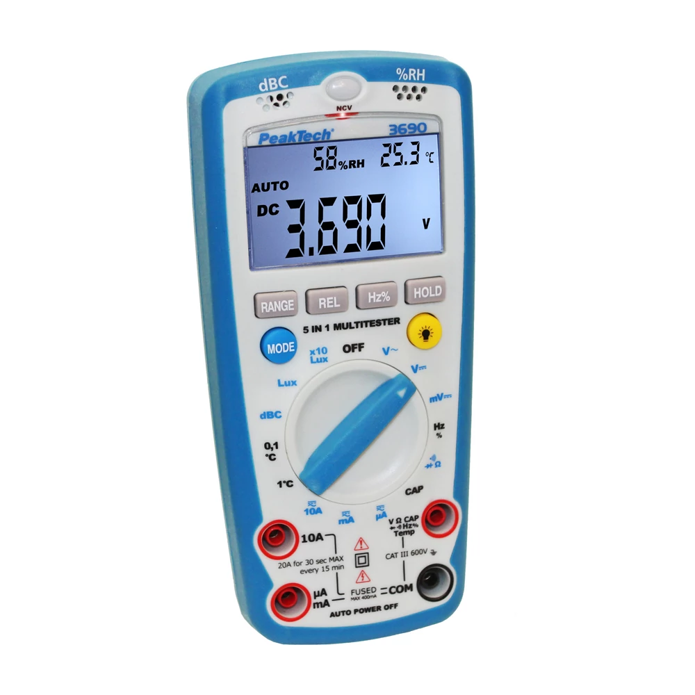 Peaktech 3690, Digitális multiméter, Pontosság: 1,0%, 600V, 40MOhm, °C, %RH, Lux, dB