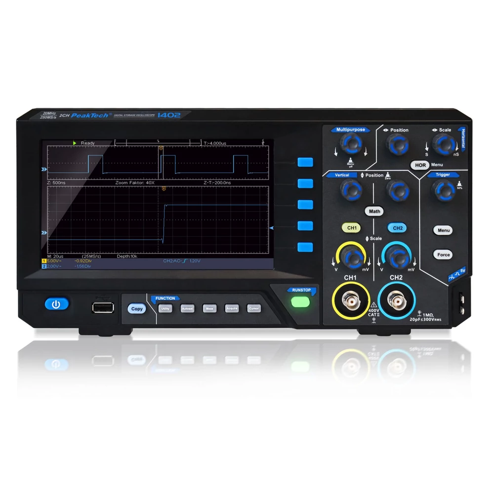 Peaktech 1402 - Tárolós Oszcilloszkóp 20MHz/2CH, 250MS/s
