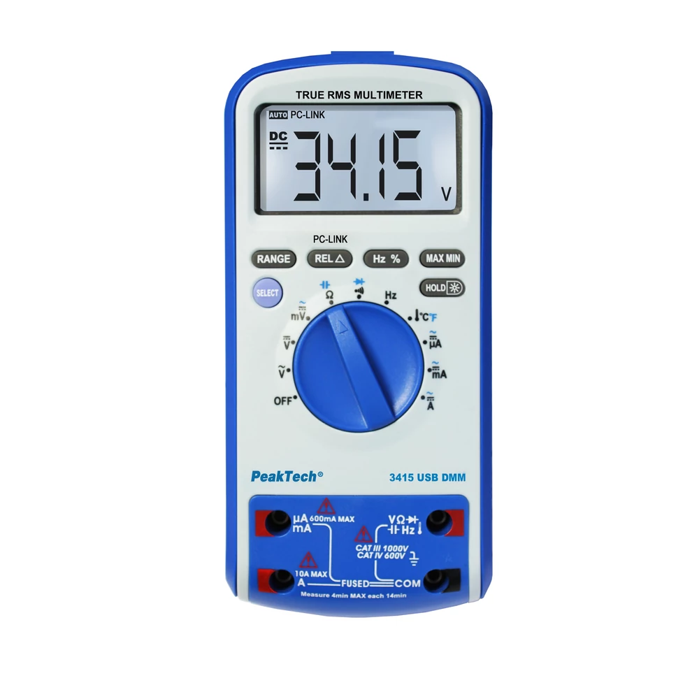 Peaktech 3415, Digitális multiméter, Pontosság: 0,8%, 1kV, 60MOhm, TrueRMS, USB