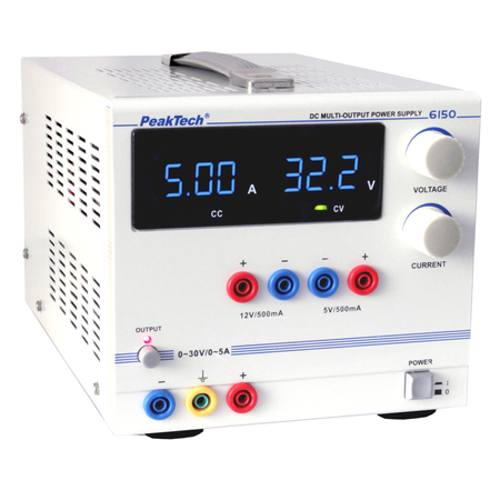 Peaktech 6150 - Digitális labortápegység, 0 - 30 V / 0 - 5 A DC, 5 V/500 mA, 12 V/500 mA fix